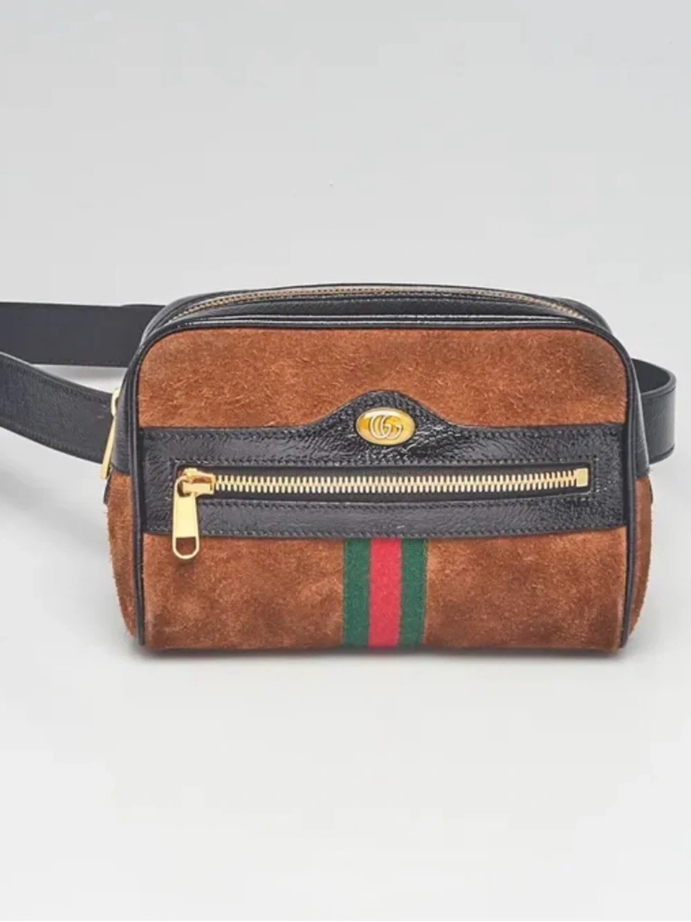 Gucci Brown Suede Belt Bag with Green-Red Web Stripe